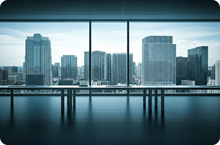 Conference room overlooking city skyline
